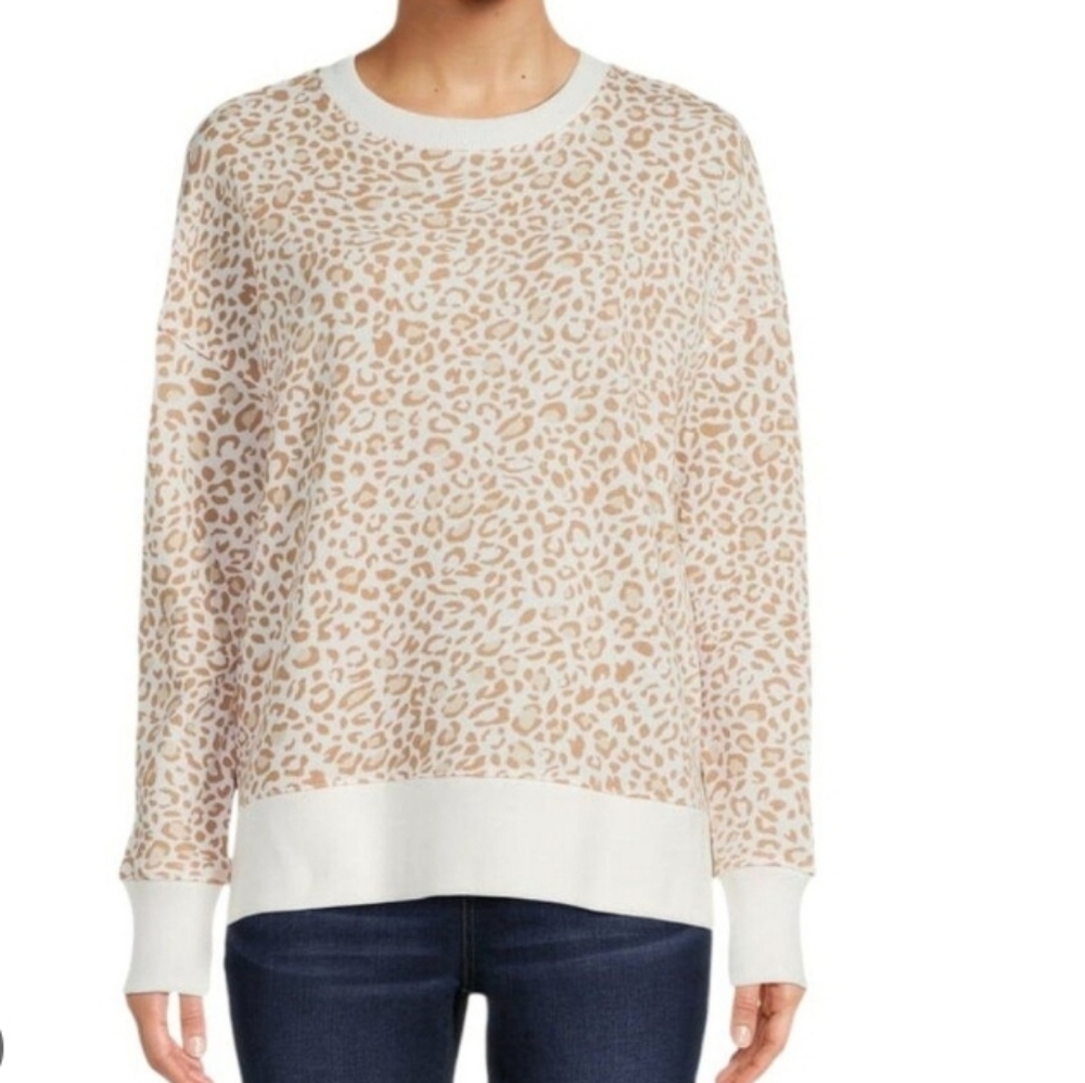 Time And Tru Creme Leopard Print Crew Neck Sweatshirt Sz L /
